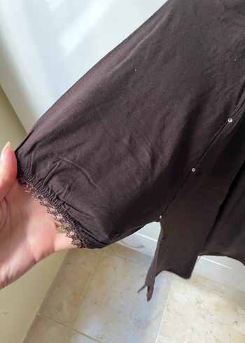 Koyu Kahverengi Kadın Bluz, Kısa Kollu - Görsel 2