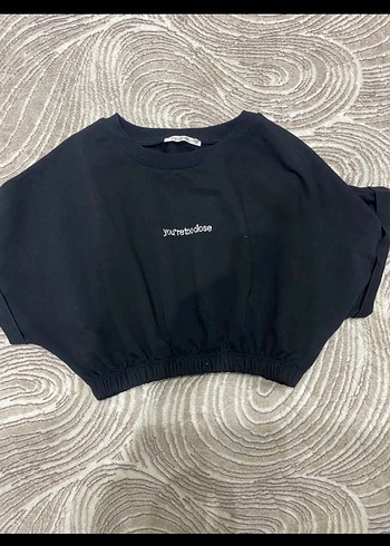 Kadın Siyah Kısa Kollu Crop Sweatshirt