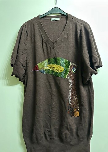 Bohem Tarzı Nakışlı Kahverengi Hamile Tişörtü - Görsel 2