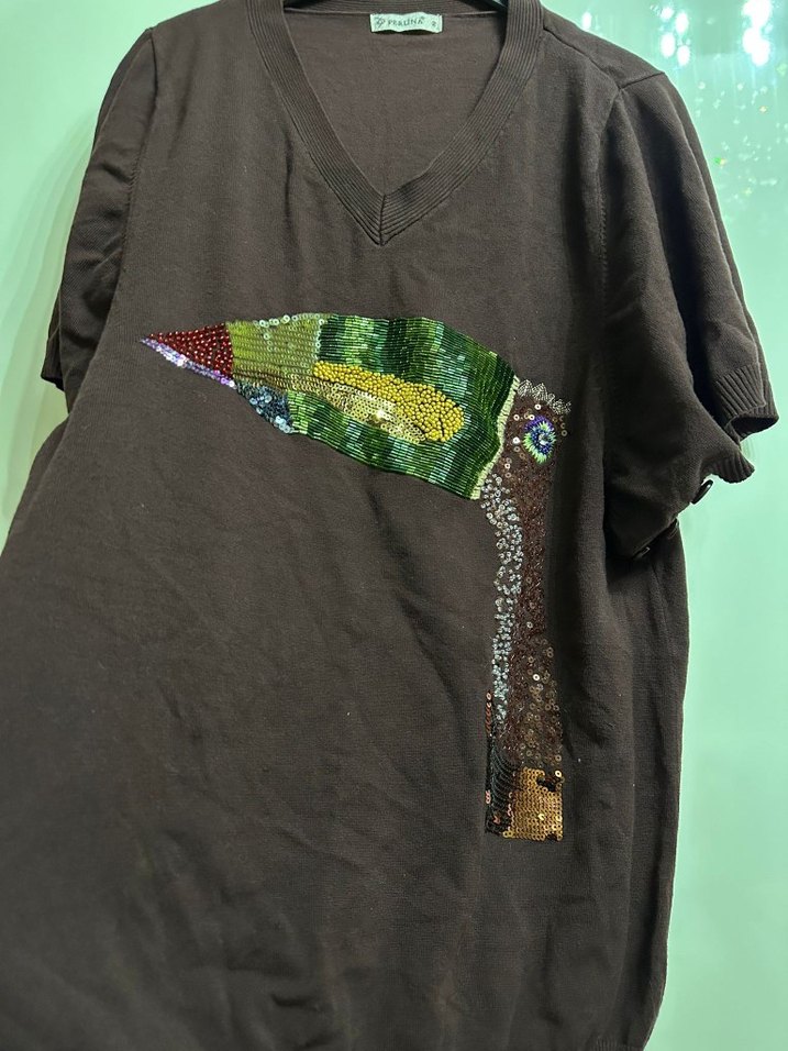 Bohem Tarzı Nakışlı Kahverengi Hamile Tişörtü - Görsel 3