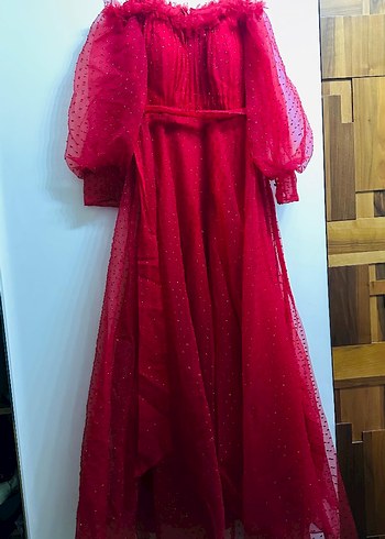 Kırmızı Drapeli Uzun Abiye kına Elbisesi - Görsel 5