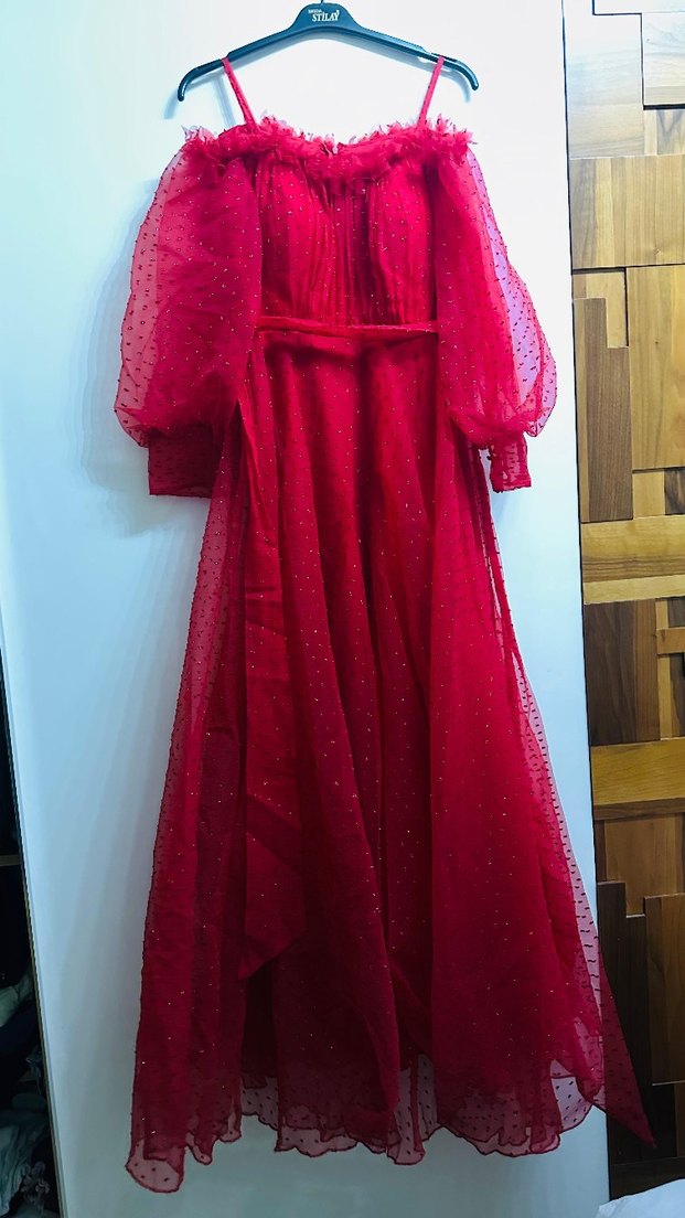 Kırmızı Drapeli Uzun Abiye kına Elbisesi - Görsel 5