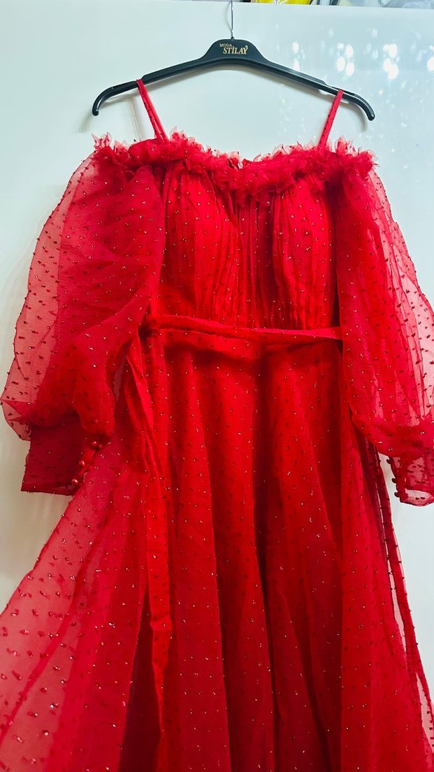 Kırmızı Drapeli Uzun Abiye kına Elbisesi - Görsel 2