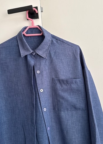 Lacivert Keten Düğmeli Kadın Gömlek - Görsel 2