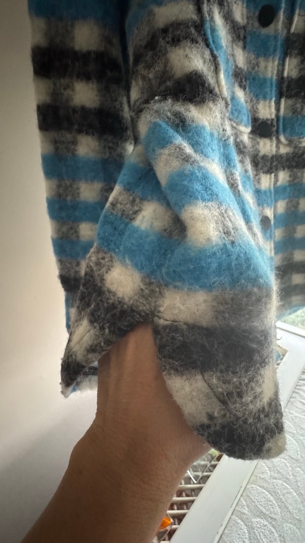 Düğmeli Gri Mavi EkoseKoton Arzu Sabancı koleksiyonu Kadıngömlek - Görsel 2