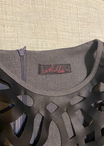 Lazer Oymalı Suni Deri Yakalı Gri Elbise - Görsel 5