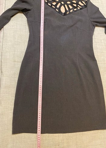 Lazer Oymalı Suni Deri Yakalı Gri Elbise - Görsel 8