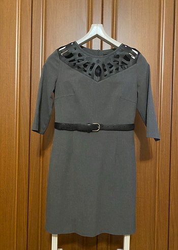 Lazer Oymalı Suni Deri Yakalı Gri Elbise - Görsel 2