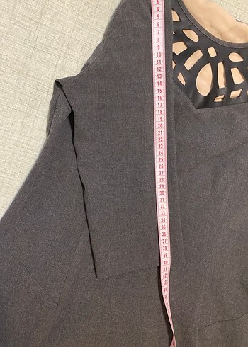 Lazer Oymalı Suni Deri Yakalı Gri Elbise - Görsel 9