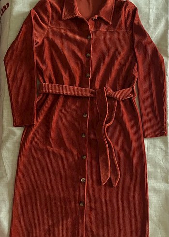 Kiremit rengi fitilli kadife gömlek elbise - Görsel 3