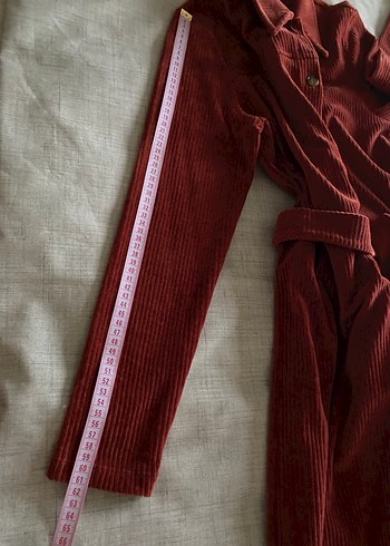 Kiremit rengi fitilli kadife gömlek elbise - Görsel 9