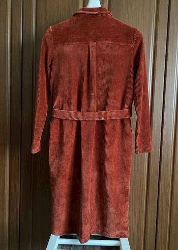 Kiremit rengi fitilli kadife gömlek elbise - Görsel 2