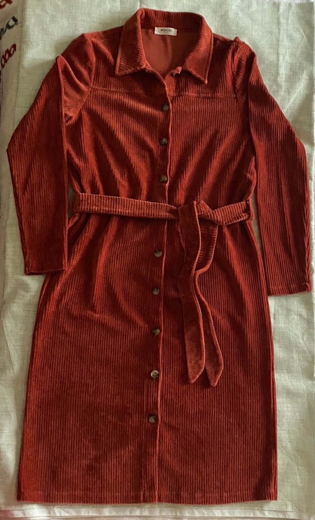 Kiremit rengi fitilli kadife gömlek elbise - Görsel 3