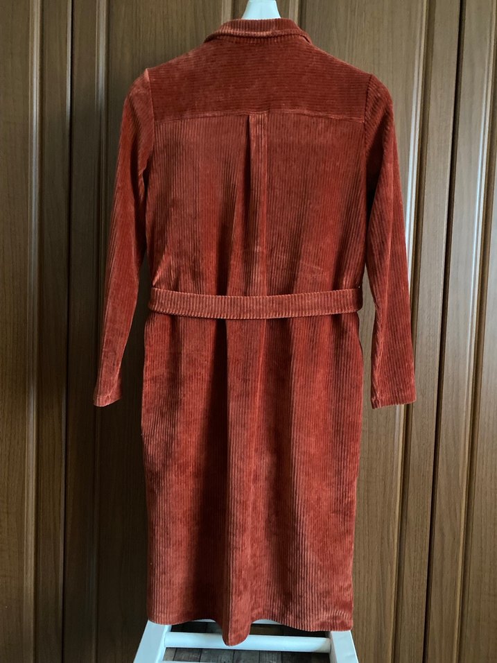 Kiremit rengi fitilli kadife gömlek elbise - Görsel 2