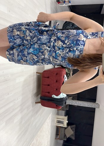 Kadın Mavi Halter Yaka Mini Tulum - Görsel 2