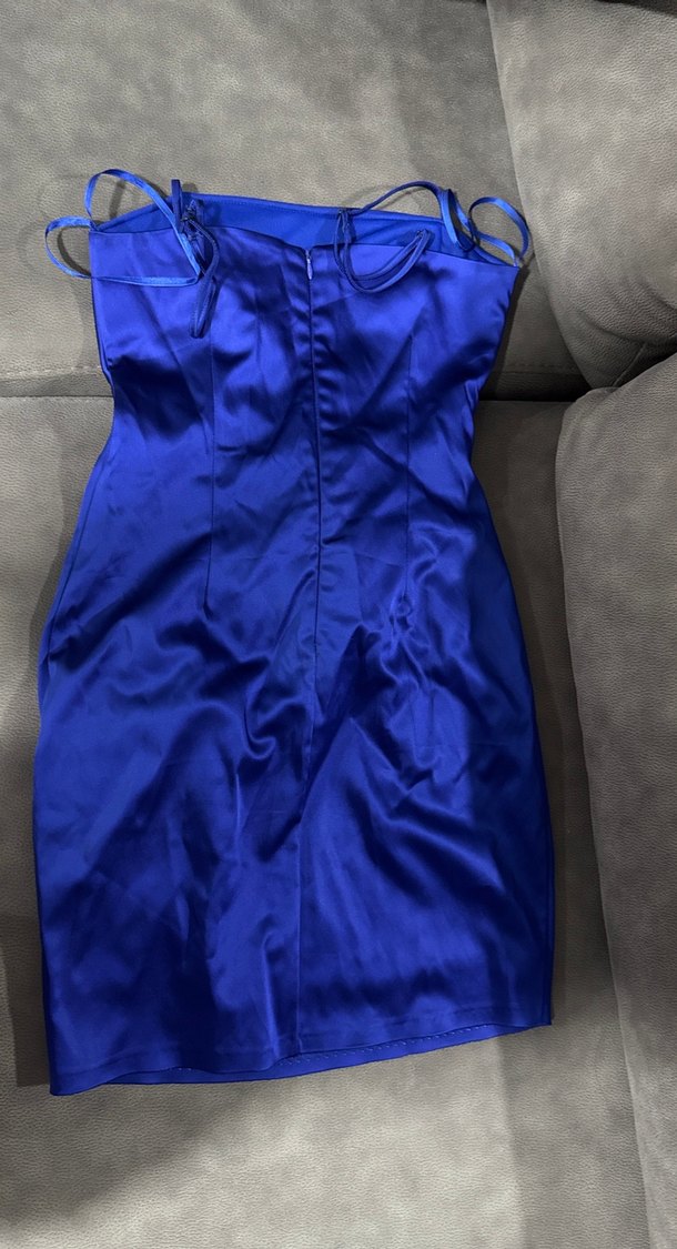 Kadın Parlak Mavi Drapeli Midi Elbise - Görsel 2