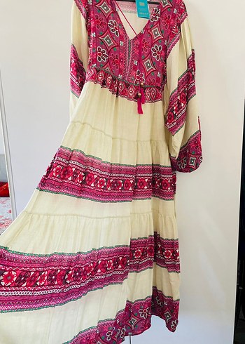 Zara Püsküllü Pembe Etnik Desenli Uzun Bohem Elbise