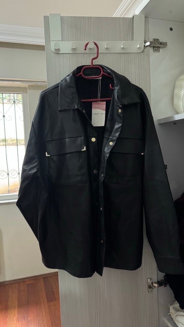 Düğmeli Siyah Deri Kadın Gömlek Ceket - Görsel 2