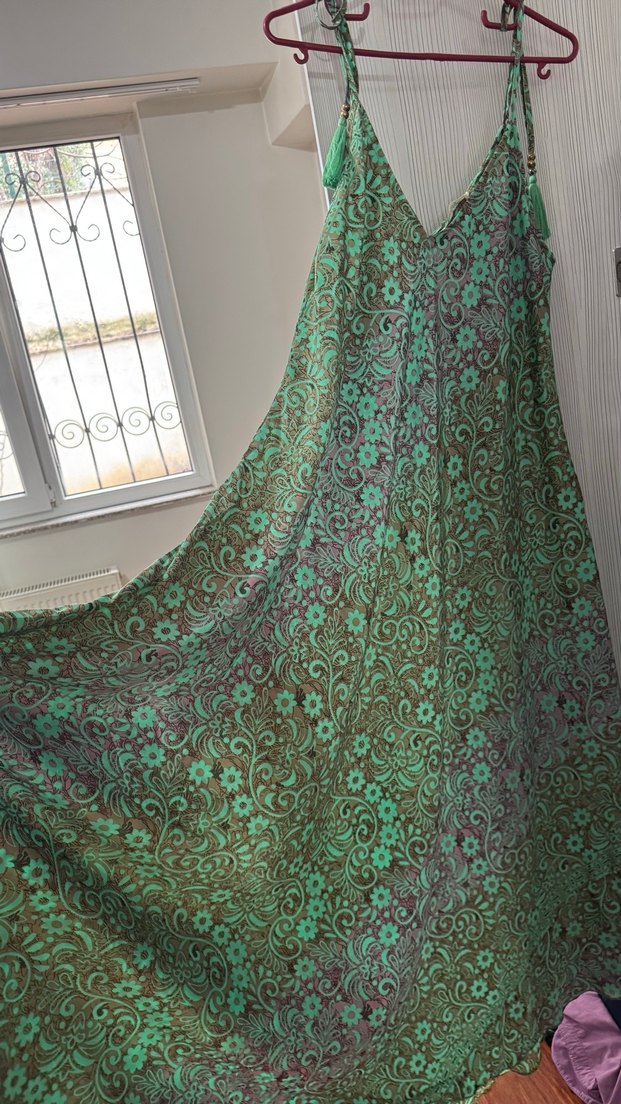 Püsküllü Turkuaz Bohem Uzun Elbise - Görsel 2