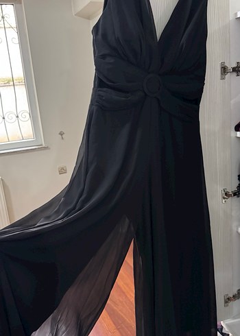 Siyah Drapeli V Yaka Uzun Kadın Tulum - Görsel 3