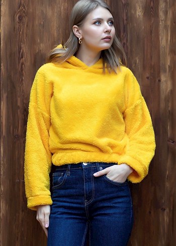 Sarı Peluş Kapüşonlu Kadın Sweatshirt