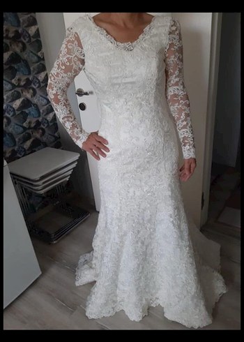 V Yaka Uzun Kollu Beyaz Gelinlik - Görsel 3