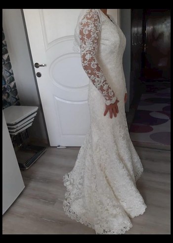 V Yaka Uzun Kollu Beyaz Gelinlik - Görsel 2