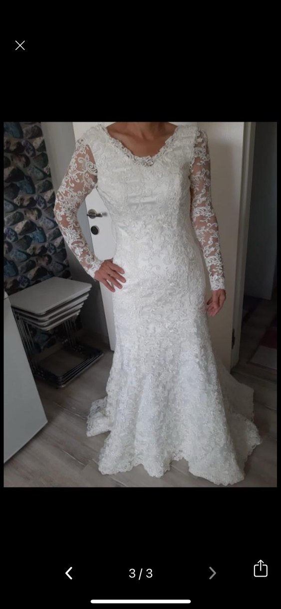 V Yaka Uzun Kollu Beyaz Gelinlik - Görsel 3