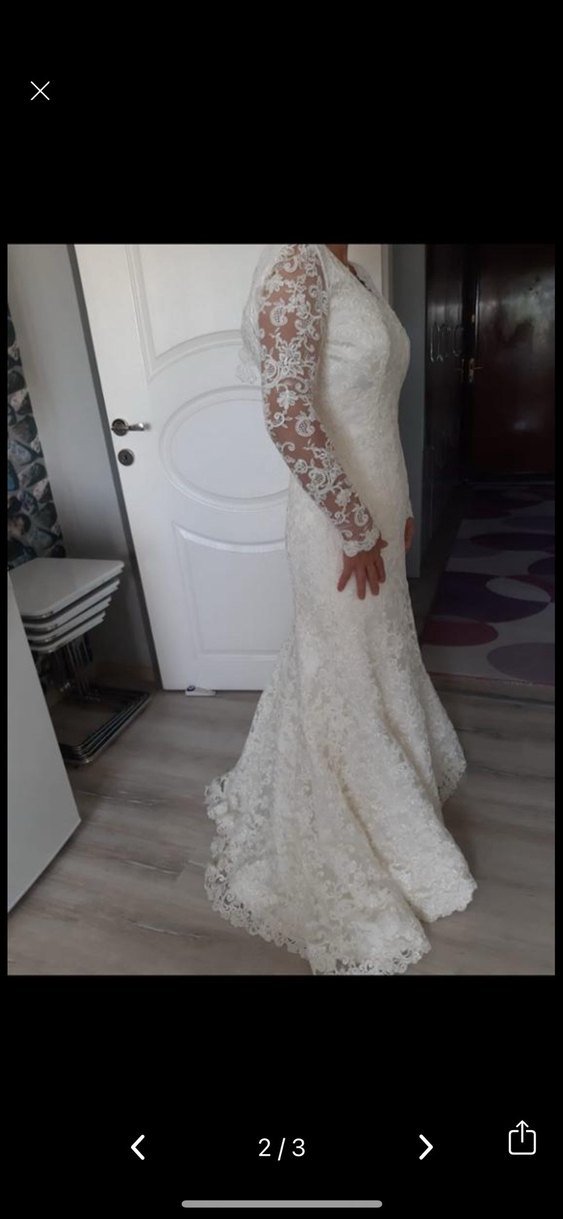 V Yaka Uzun Kollu Beyaz Gelinlik - Görsel 2