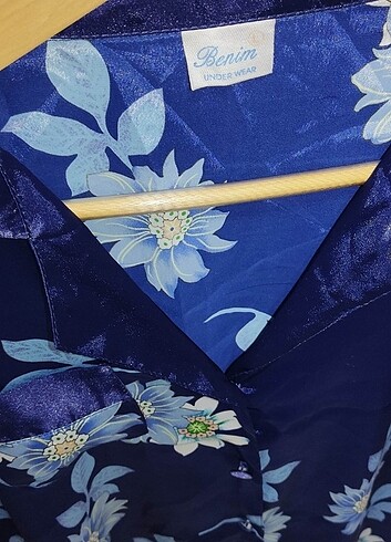 Benim UNDER WEAR L Parlament Mavi saten çiçekli cepli pijama üst - Görsel 6