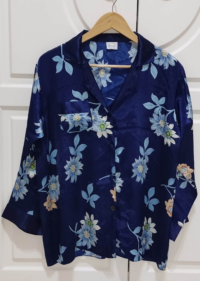 Benim UNDER WEAR L Parlament Mavi saten çiçekli cepli pijama üst - Görsel 2