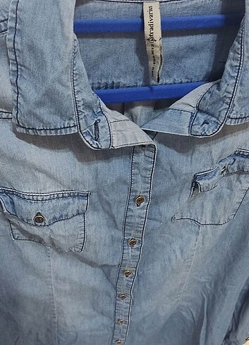 Stradivarius Kadın M Kolu Katlamalı Çift Cep Kot Tunik - Buz Mav - Görsel 3