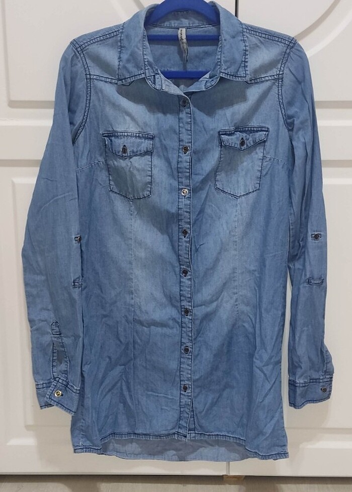 Stradivarius Kadın M Kolu Katlamalı Çift Cep Kot Tunik - Buz Mav - Görsel 2