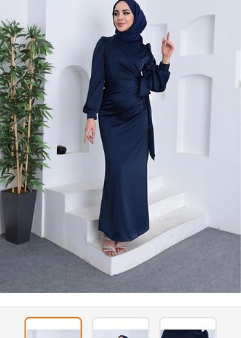 Tesettür Lacivert Saten Abiye - Görsel 3