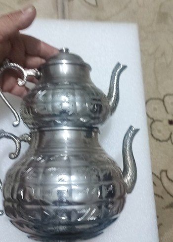 Parlak Beyaz Çift Demlik bakır el işçiliği pirinç saplı antika