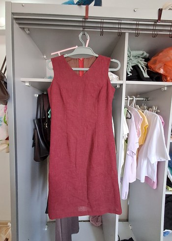 Mango Bordo V Yakalı Kolsuz Midi Keten Elbise