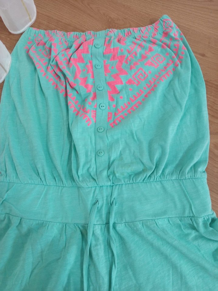 Düğmeli Turkuaz Nakışlı Straplez Hamile Tulum - Görsel 2