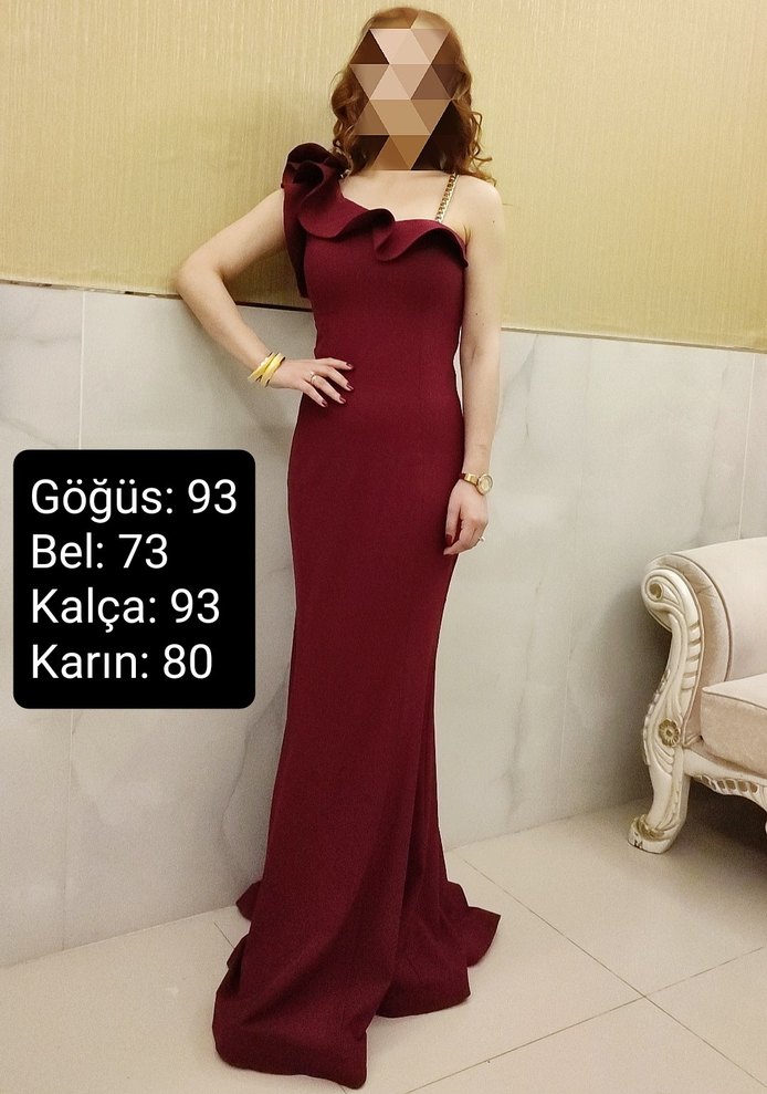 Bordo Volanlı Yaka Uzun Abiye Elbise - Görsel 4