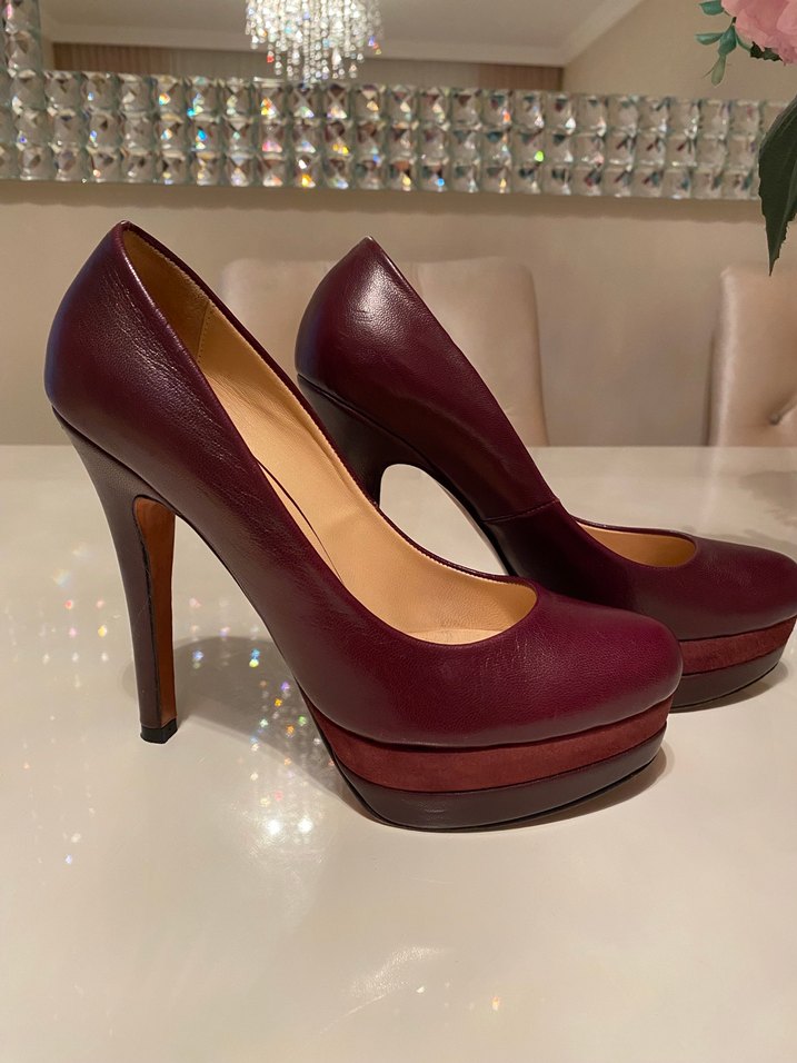 Bordo Deri Platform Topuklu Kadın Stiletto - Görsel 4