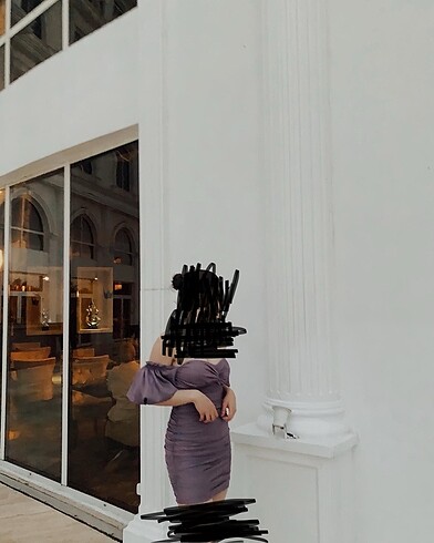 Mor kısa balon kol abiye