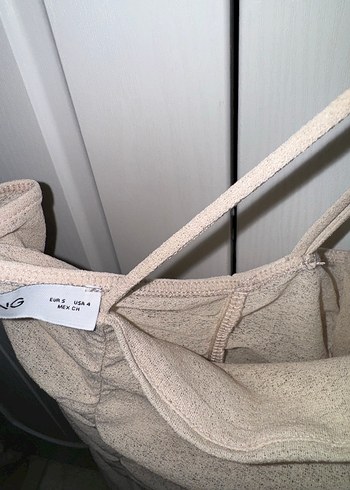 Bej Uzun Drapeli İnce Askılı Elbise - Görsel 6