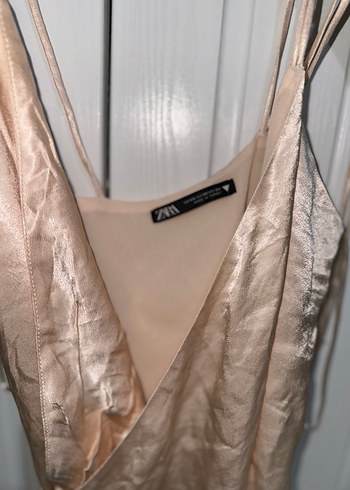 Zara pudra Parıltılı Midi Drapeli V Yaka Elbise - Görsel 3
