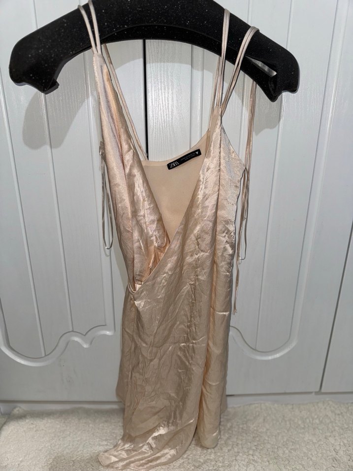 Zara pudra Parıltılı Midi Drapeli V Yaka Elbise - Görsel 2