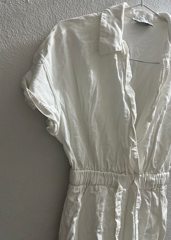 Bershka Kadın Beyaz Keten Kısa Tulum - Görsel 2