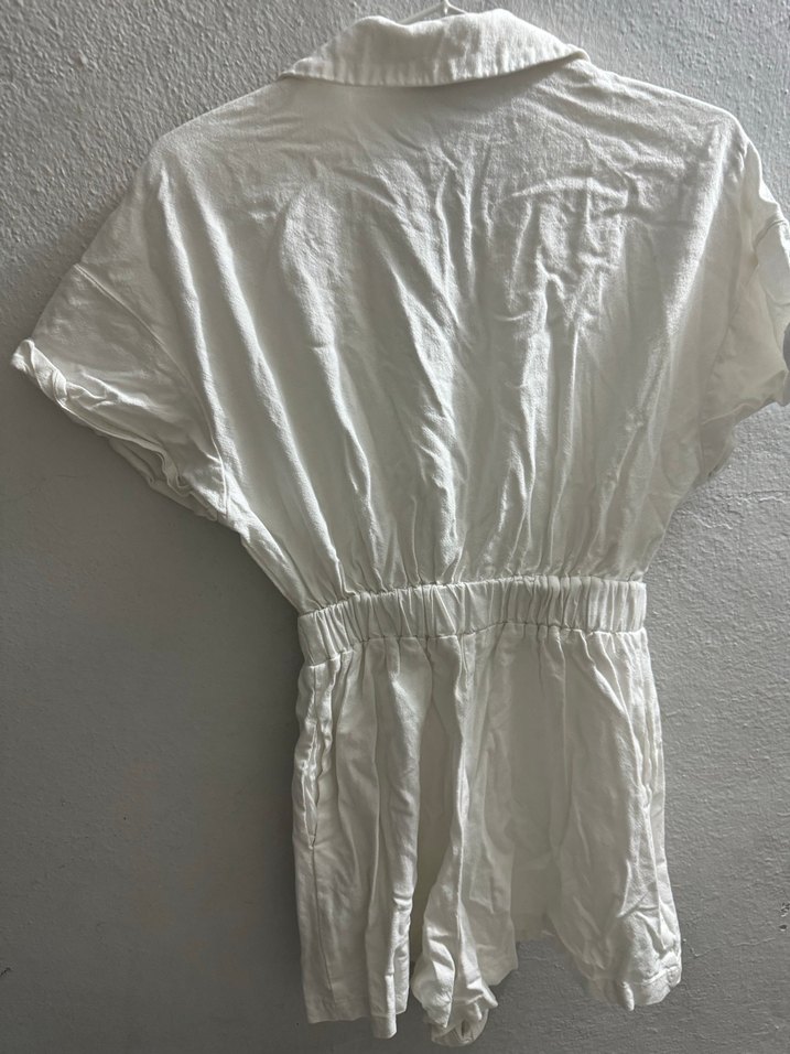 Bershka Kadın Beyaz Keten Kısa Tulum - Görsel 5