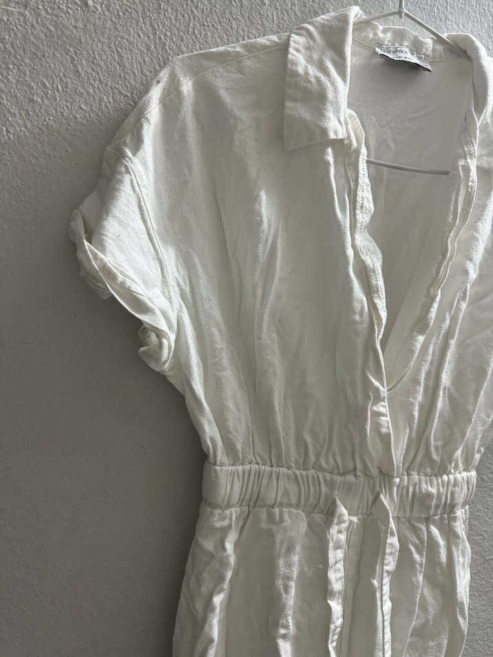 Bershka Kadın Beyaz Keten Kısa Tulum - Görsel 2