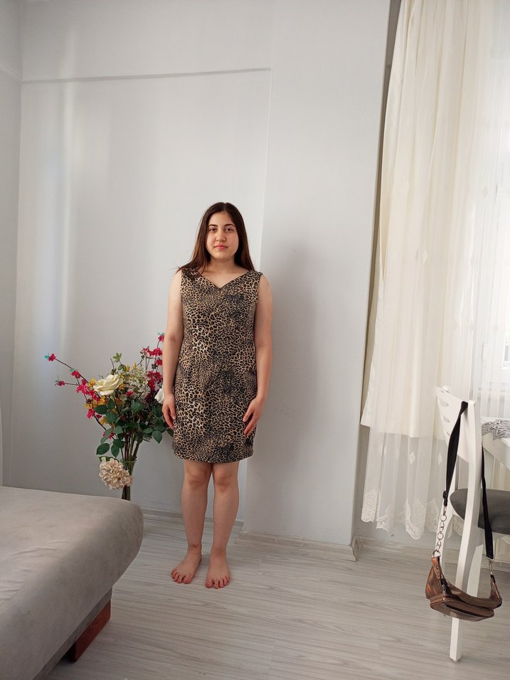 Drapeli Leopar Desenli Mini Elbise - Görsel 2