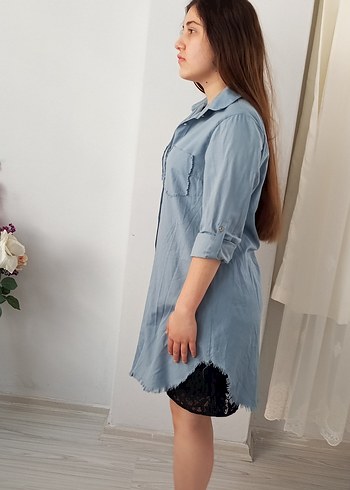 m Beden Mavi Denim Uzun Kollu Gömlek Elbise