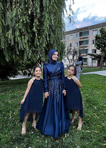 Lacivert Drapeli Uzun Kollu Abiye Elbise