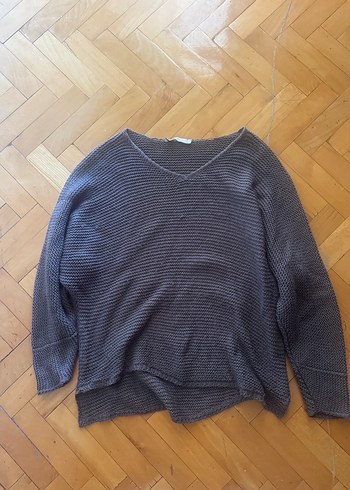 V Yaka Kahverengi Oversize Triko Kazak - Görsel 2